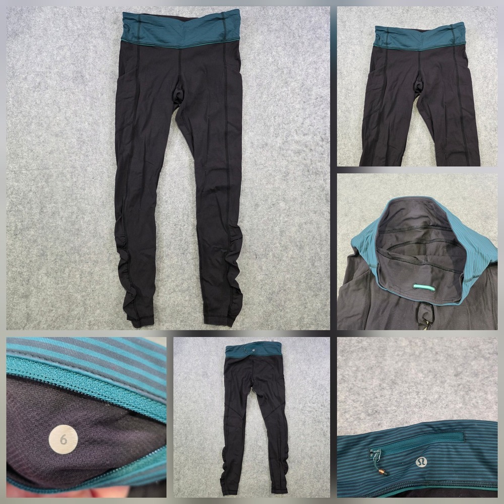 Lululemon Leggings Womens 6 Black Ankle Ruffle Zip Pocket‎ Striped Waist Yoga